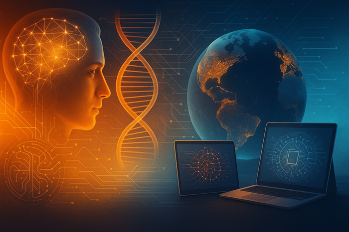Conceptual digital artwork depicting AI research in 2025 — blending human intellect, neural networks, DNA, Earth, and digital devices in warm orange-blue tones to represent global innovation and interconnected intelligence.
