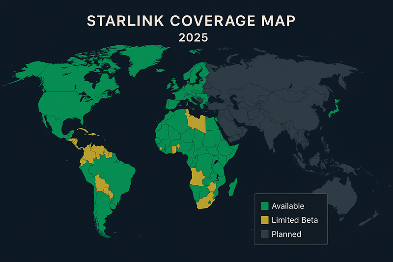 Starlink satellite internet global coverage map showing available, beta, and planned regions in 2025