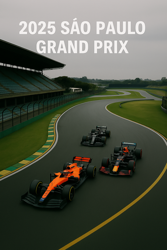 Three Formula 1 cars — McLaren in orange leading, Mercedes in silver chasing, and Red Bull in dark blue following — racing through Interlagos circuit during the 2025 São Paulo Grand Prix under clear daylight.