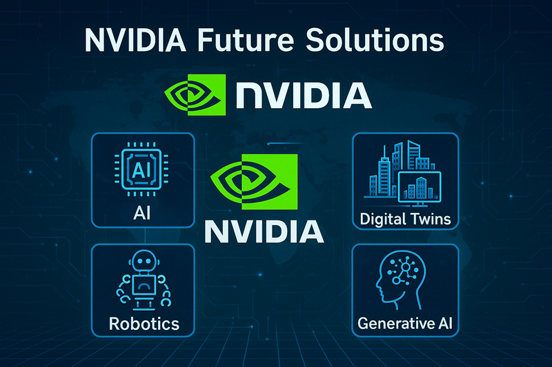 A futuristic digital illustration showing NVIDIA future solutions including AI, robotics, digital twins, and generative AI, with a blue tech background and glowing icons.