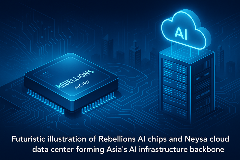 Hidden Giants of AI Infrastructure,Futuristic digital illustration of Rebellions AI chip and Neysa cloud data center connected through glowing circuits, symbolizing Asia’s AI infrastructure backbone in a high-tech blue environment