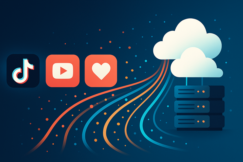 Futuristic illustration showing TikTok, YouTube, and social media icons transforming into colorful data streams flowing into a cloud server — symbolizing how social media news platforms reshape IT infrastructure in 2025.