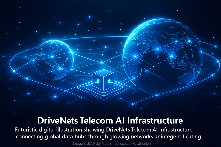 Futuristic digital illustration of DriveNets Telecom AI Infrastructure showing global data hubs connected through glowing blue network lines and intelligent AI routing across continents.